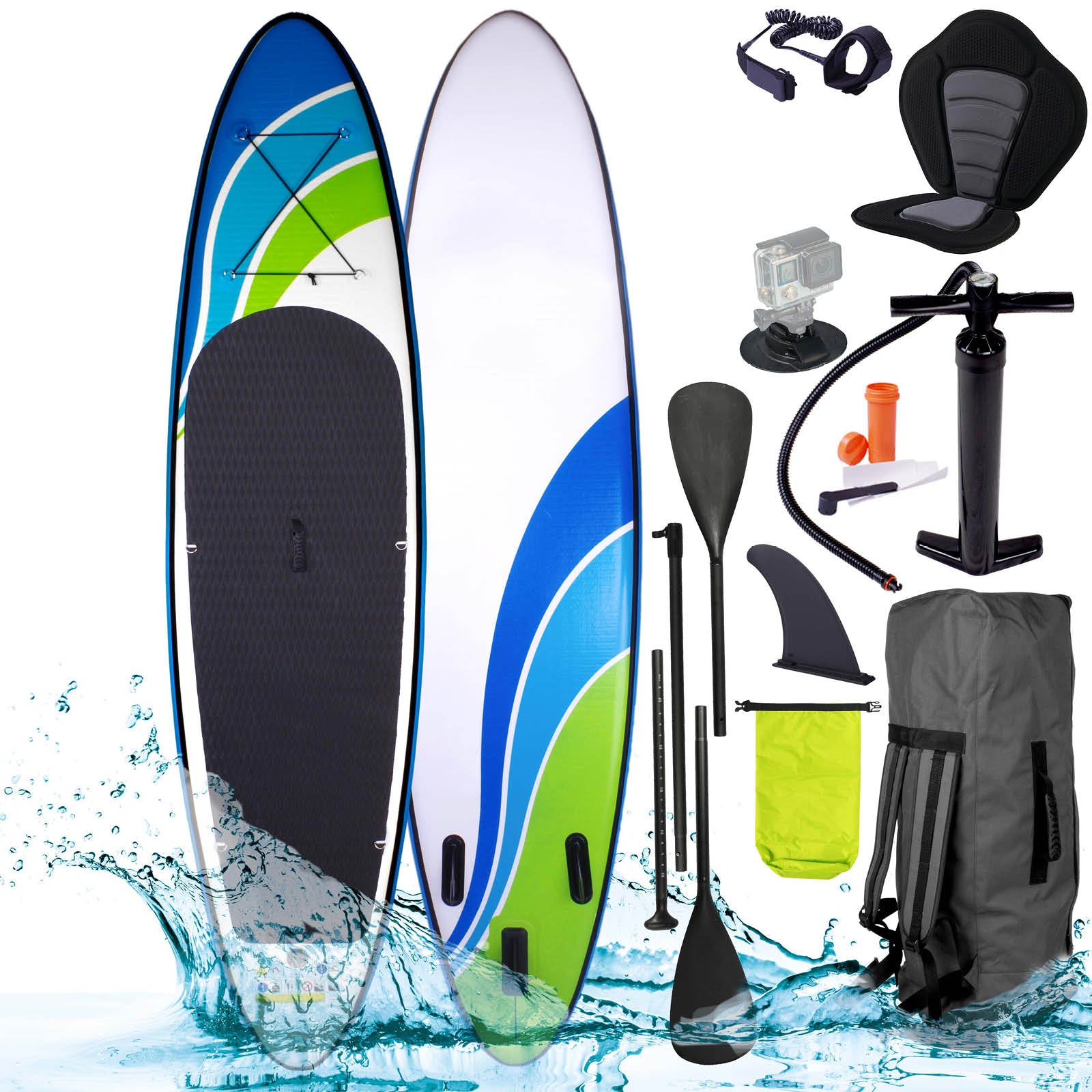Aufblasbares SUP Board SPEED 320 in Blau-Weiß mit Standuppaddle, Pumpe, Rucksack und Zubehörset.