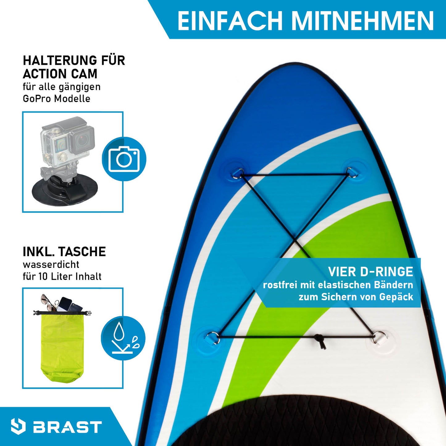 Blau-weißes aufblasbares SUP Board mit elastischen Gurtbändern, vier D-Ringen und Tasche fürs Zubehör.