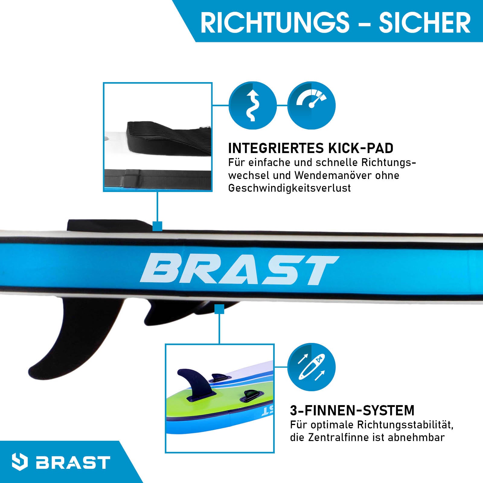Blaues SUP Board mit integriertem Kick-Pad und 3-Finnen-System für stabile Richtungssteuerung.