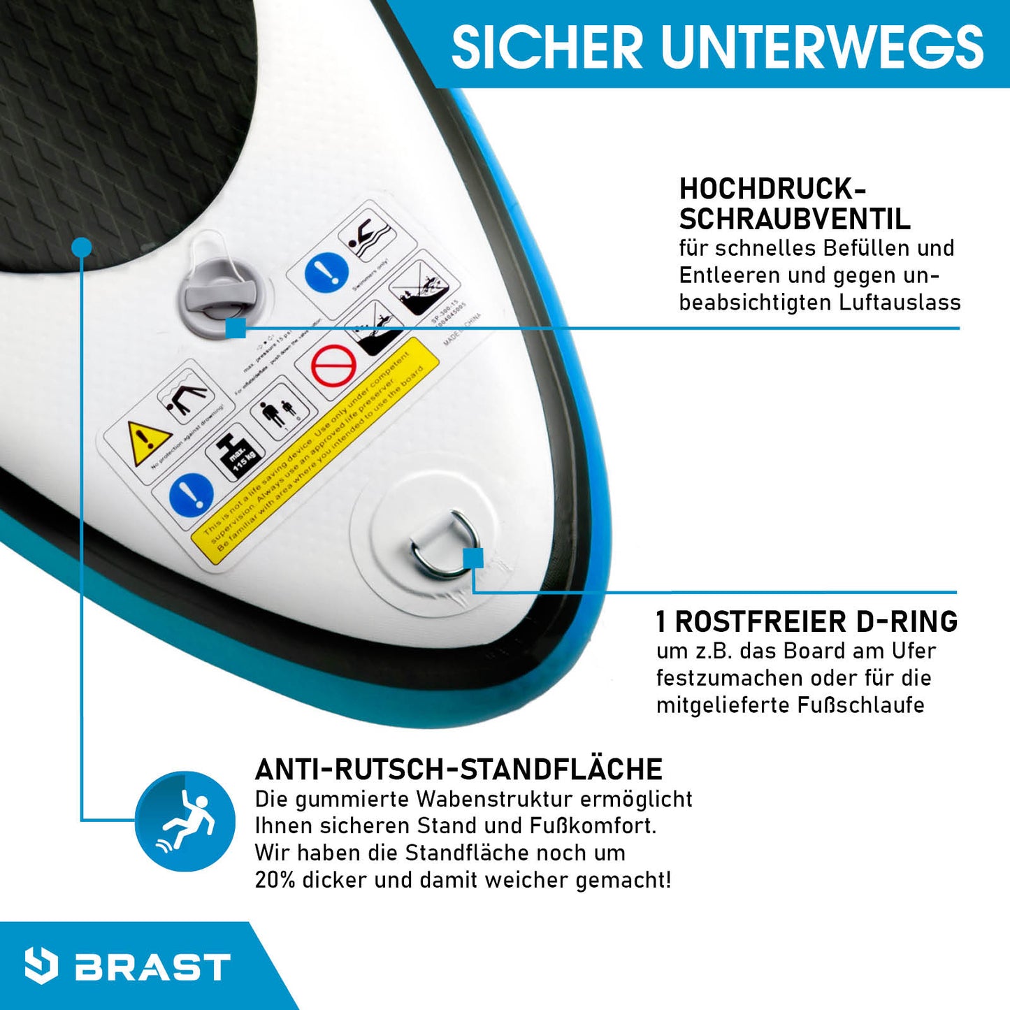 Aufblasbares SUP Board SPEED 320 mit rostfreiem D-Ring, Anti-Rutsch-Standfläche und Hochdruck-Schraubenventil.