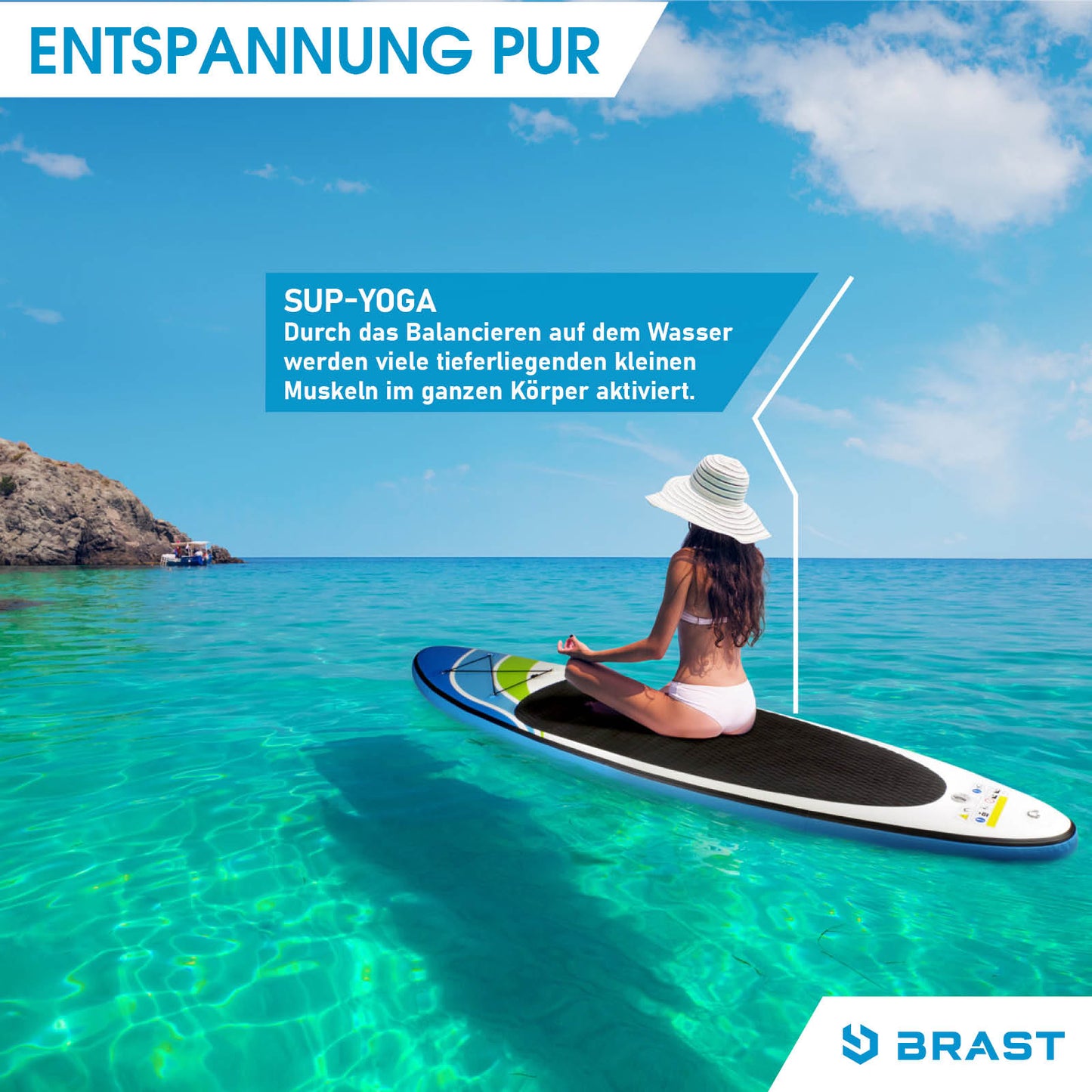 Aufblasbares SUP Board SPEED 320 mit rutschfester Oberfläche und elegantem Design auf klarem Wasser.