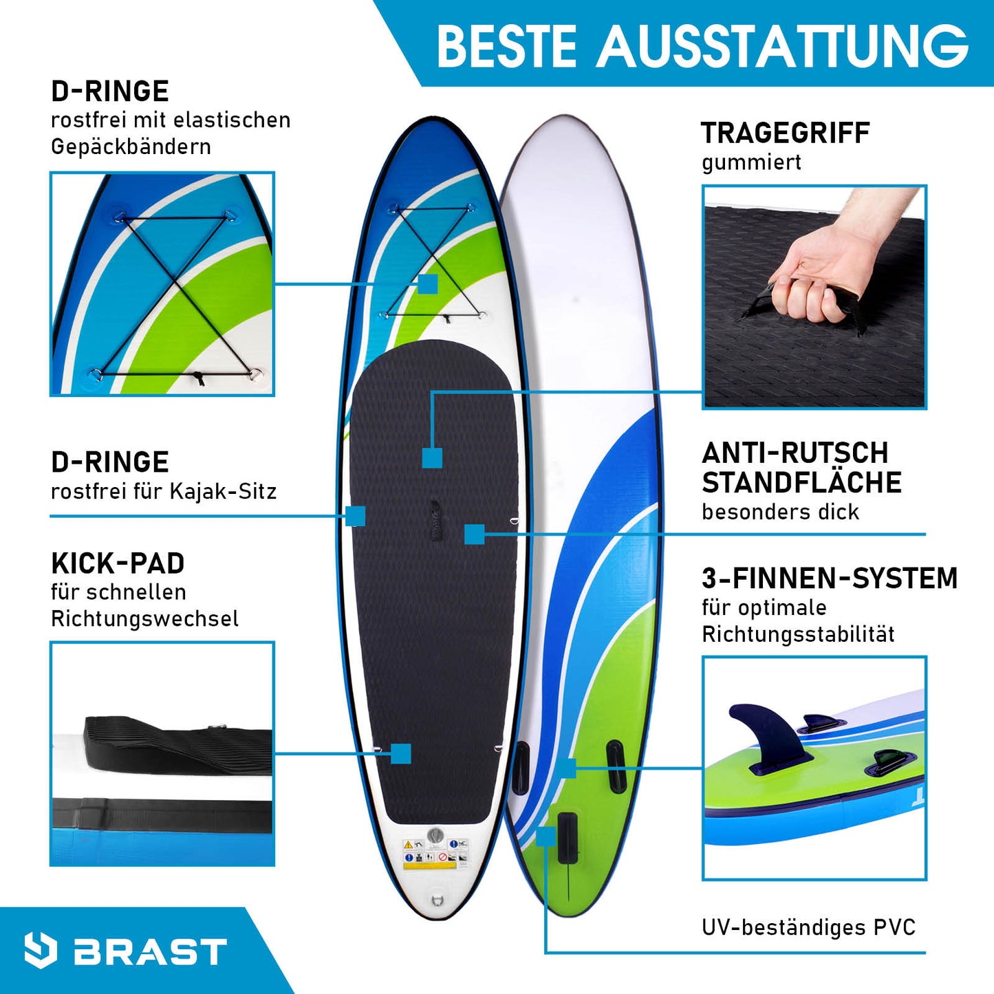 Aufblasbares SUP Board Speed 320 mit rutschfester Standfläche, Tragegriff, 3-Finnen-System und D-Ringen für Zubehör.