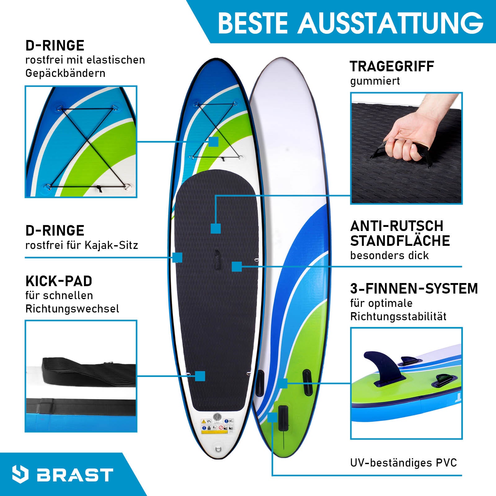 Aufblasbares SUP Board Speed 320 mit rutschfester Standfläche, Tragegriff, 3-Finnen-System und D-Ringen für Zubehör.