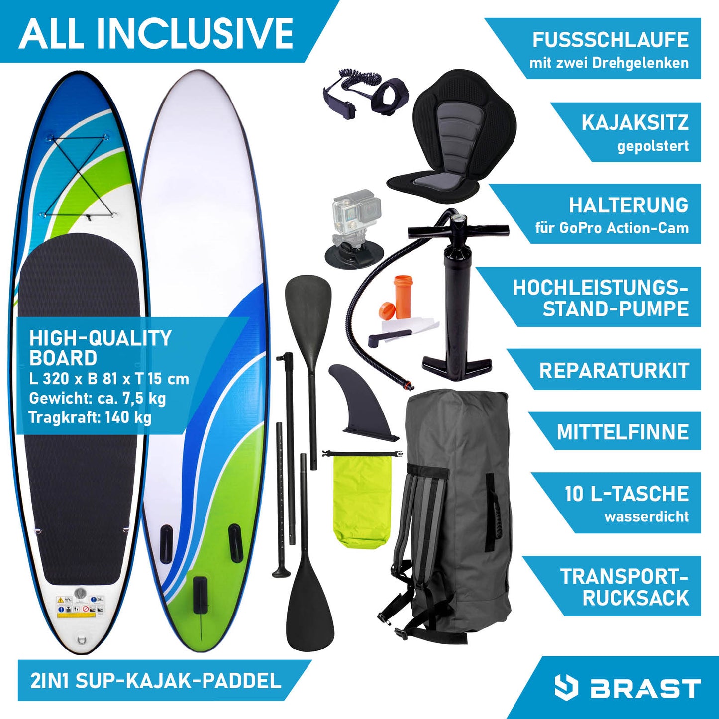 Blau-weiß-grünes aufblasbares SUP Board mit 2-in-1 SUP-Paddel, Kajaksitz und Zubehörset.