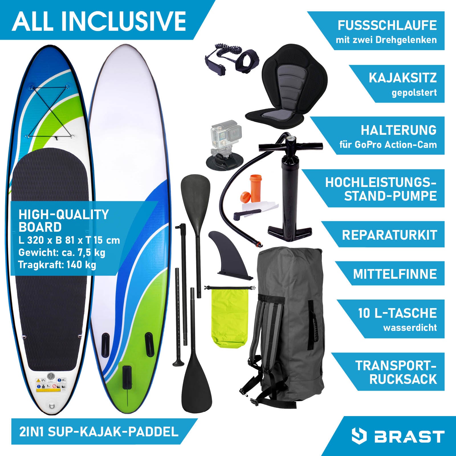 Blau-weiß-grünes aufblasbares SUP Board mit 2-in-1 SUP-Paddel, Kajaksitz und Zubehörset.
