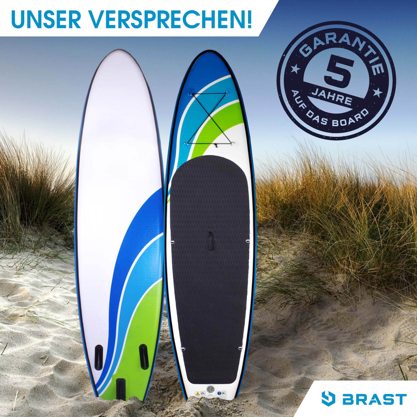 Aufblasbares SUP Board SPEED 320 mit blau-grünem Design, rutschfester Standfläche und SUP Paddel.
