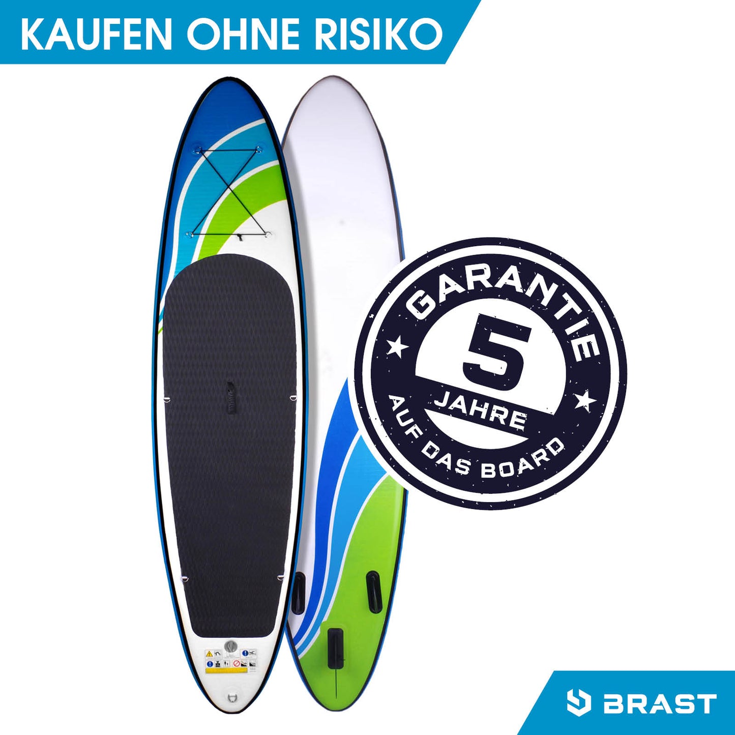 Blau-grünes aufblasbares SUP Board SPEED 320 mit rutschfestem Standbereich und SUP Paddel.