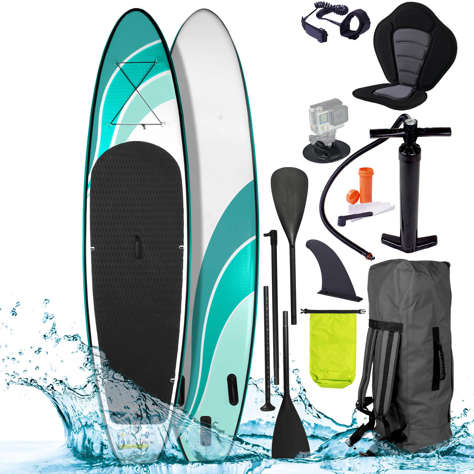 Aufblasbares SUP Board WAVE 320 in Weiß und Türkis mit schwarzem Sitz, SUP Paddel, Luftpumpe und Zubehör-Set.