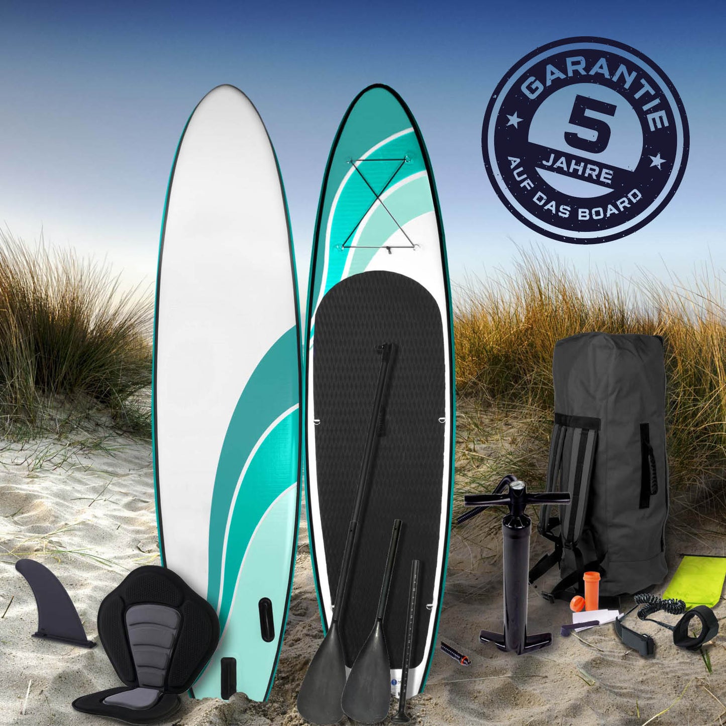 Blau-weißes aufblasbares SUP Board mit Sitz, Paddel und Pumpe, Stand Up Paddle Set.