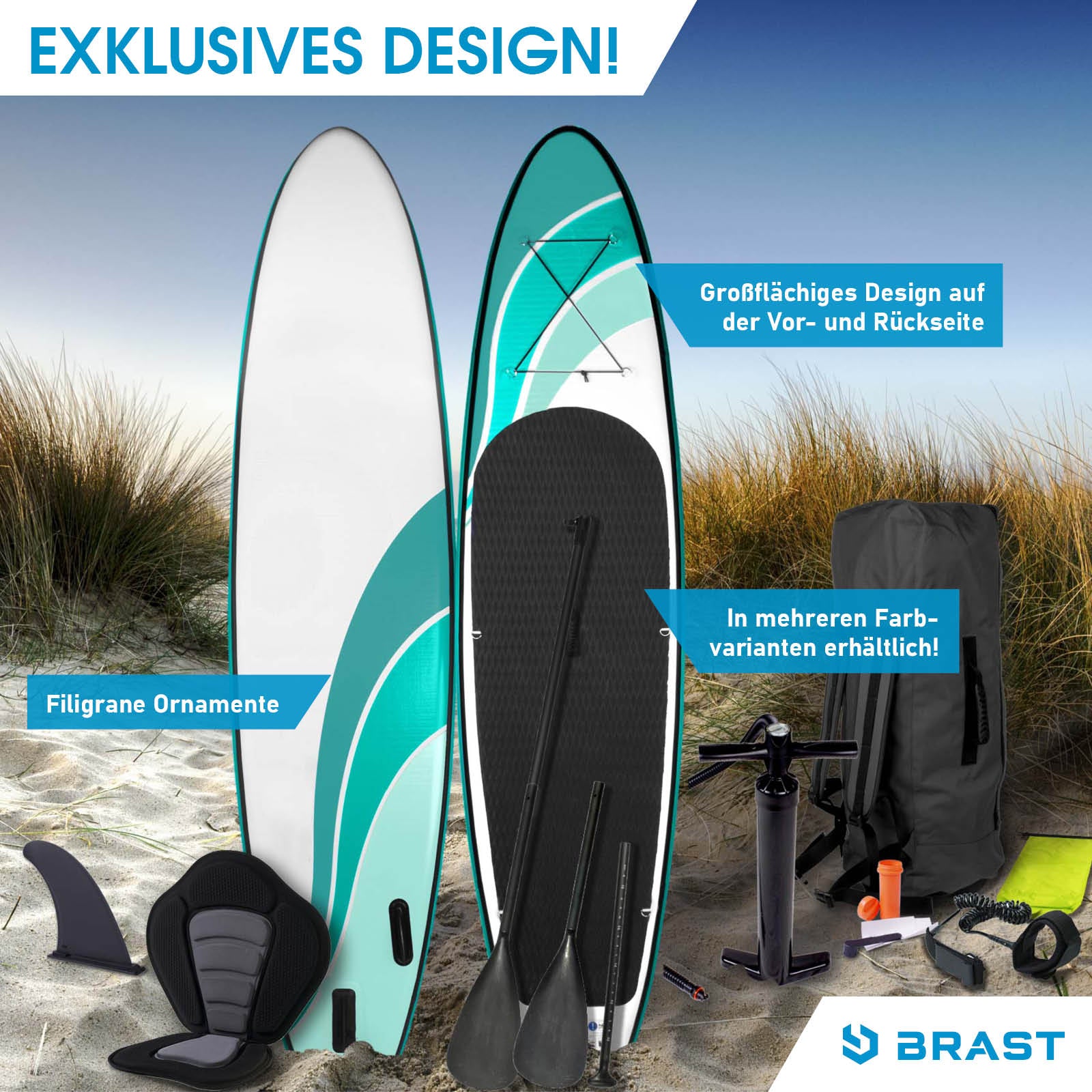 Aufblasbares SUP Board WAVE 320 in Türkis mit schwarzem Sitz, Paddel und Tragetasche.