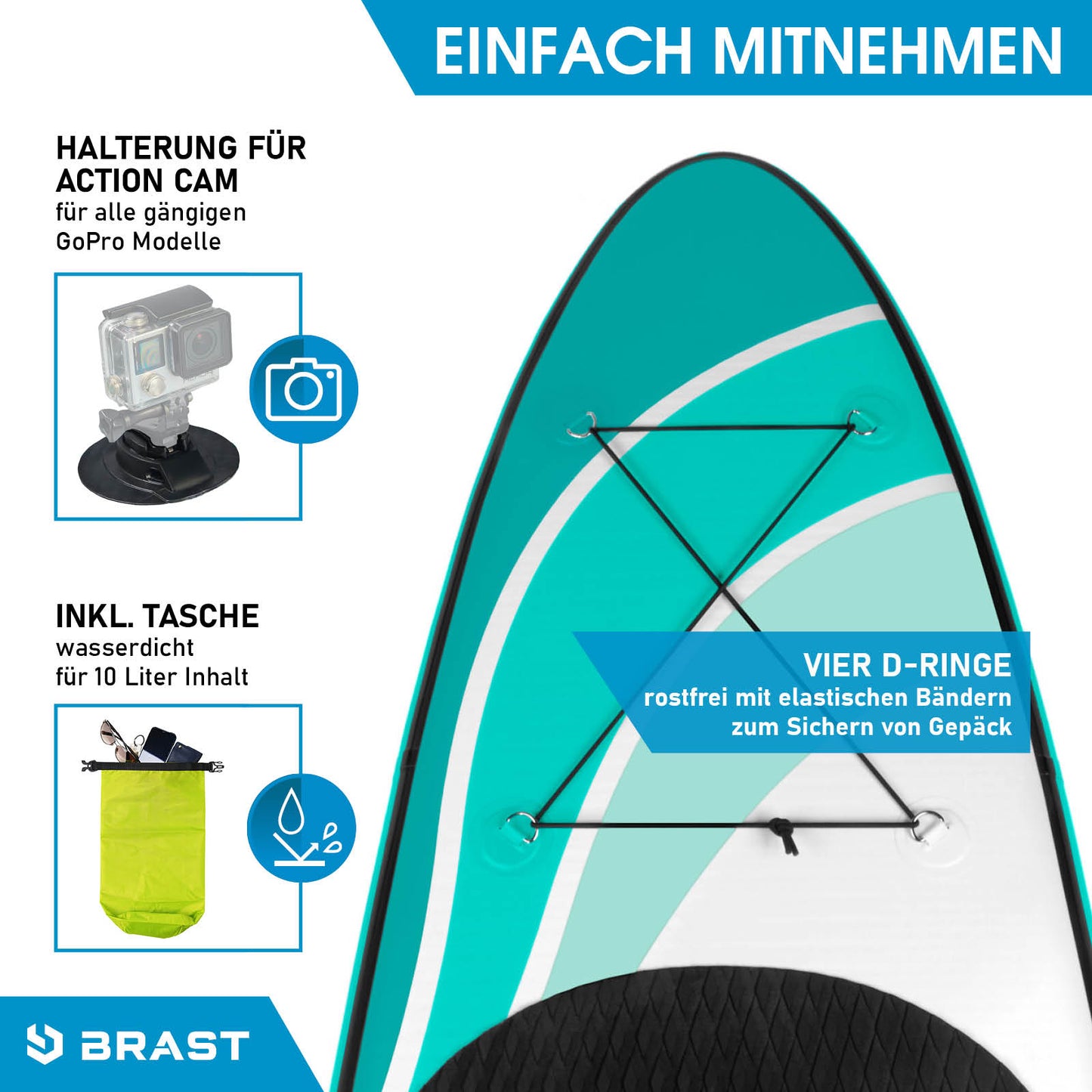 Aufblasbares SUP Board WAVE 320 in Blau mit Gepäcknetz, vier D-Ringen und Tragegriff, inkl.