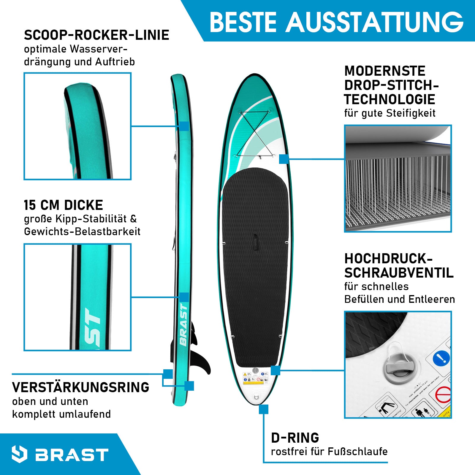 Blau-grünes aufblasbares SUP Board WAVE 320 mit schwarzer Standfläche und Sitz, inklusive SUP Paddel.