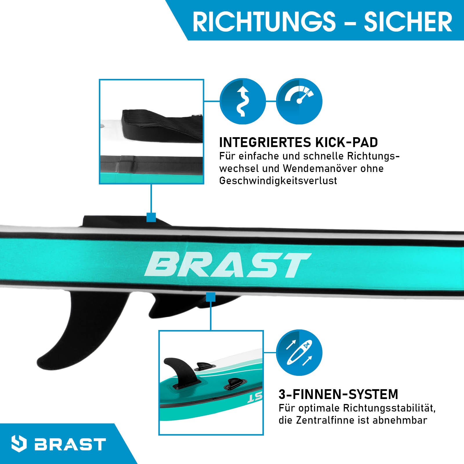 Blau-schwarzes aufblasbares SUP Board WAVE 320 mit integriertem Kick-Pad und 3-Finnen-System für stabilen Stand und.