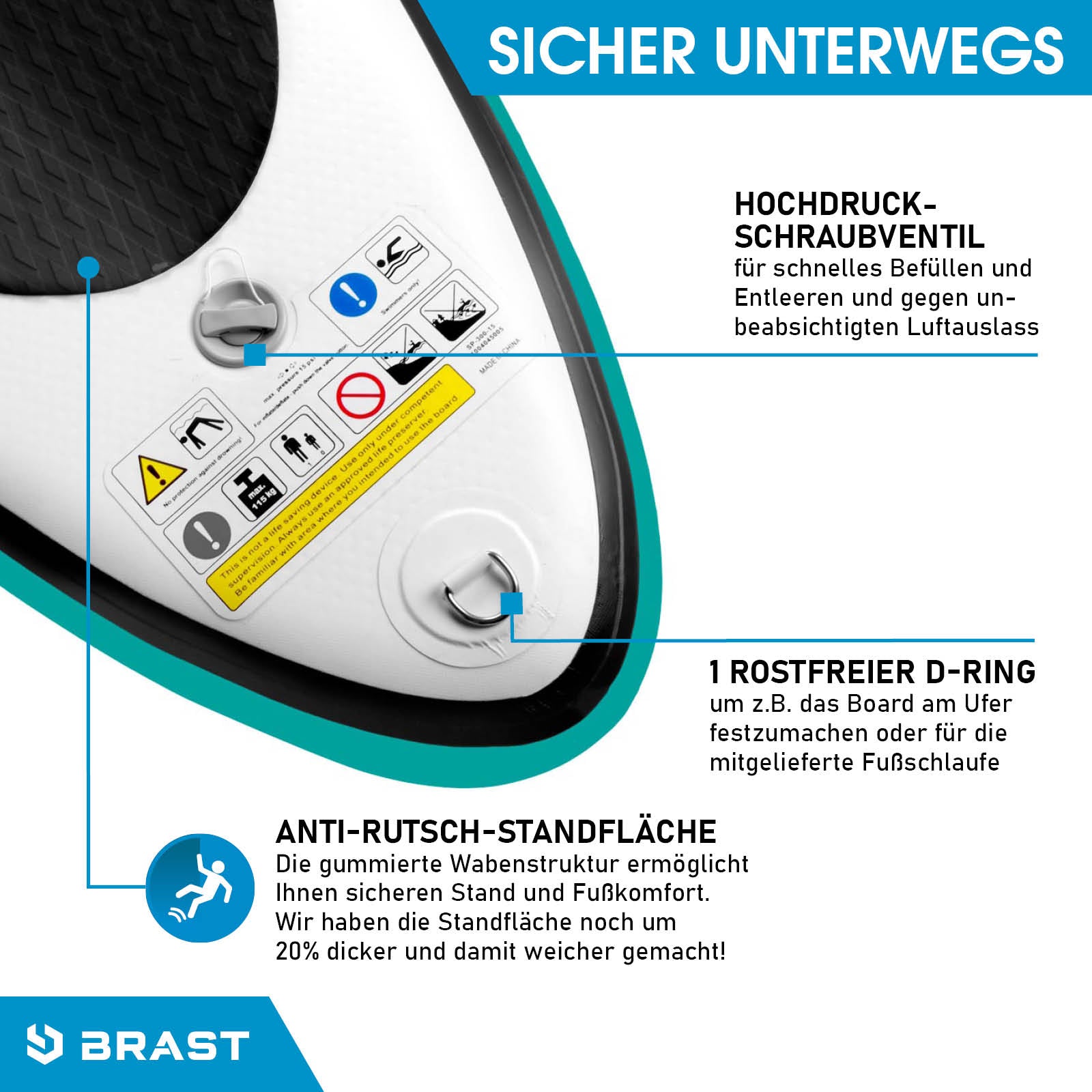 Weißes aufblasbares SUP Board mit Anti-Rutsch-Standfläche, Rostfreier D-Ring und Hochdruck-Schraubventil.