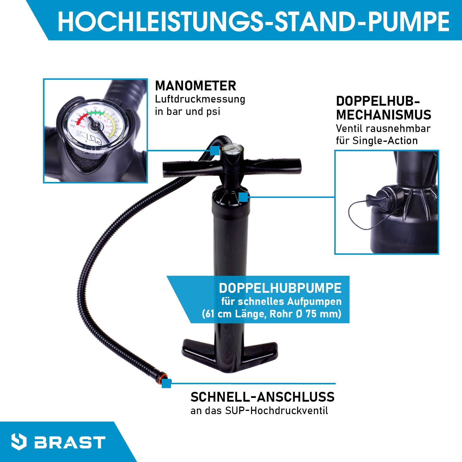 Hochleistungs-Standpumpe mit Manometer und Doppelhubmechanismus für Stand up Paddle aufblasbar.