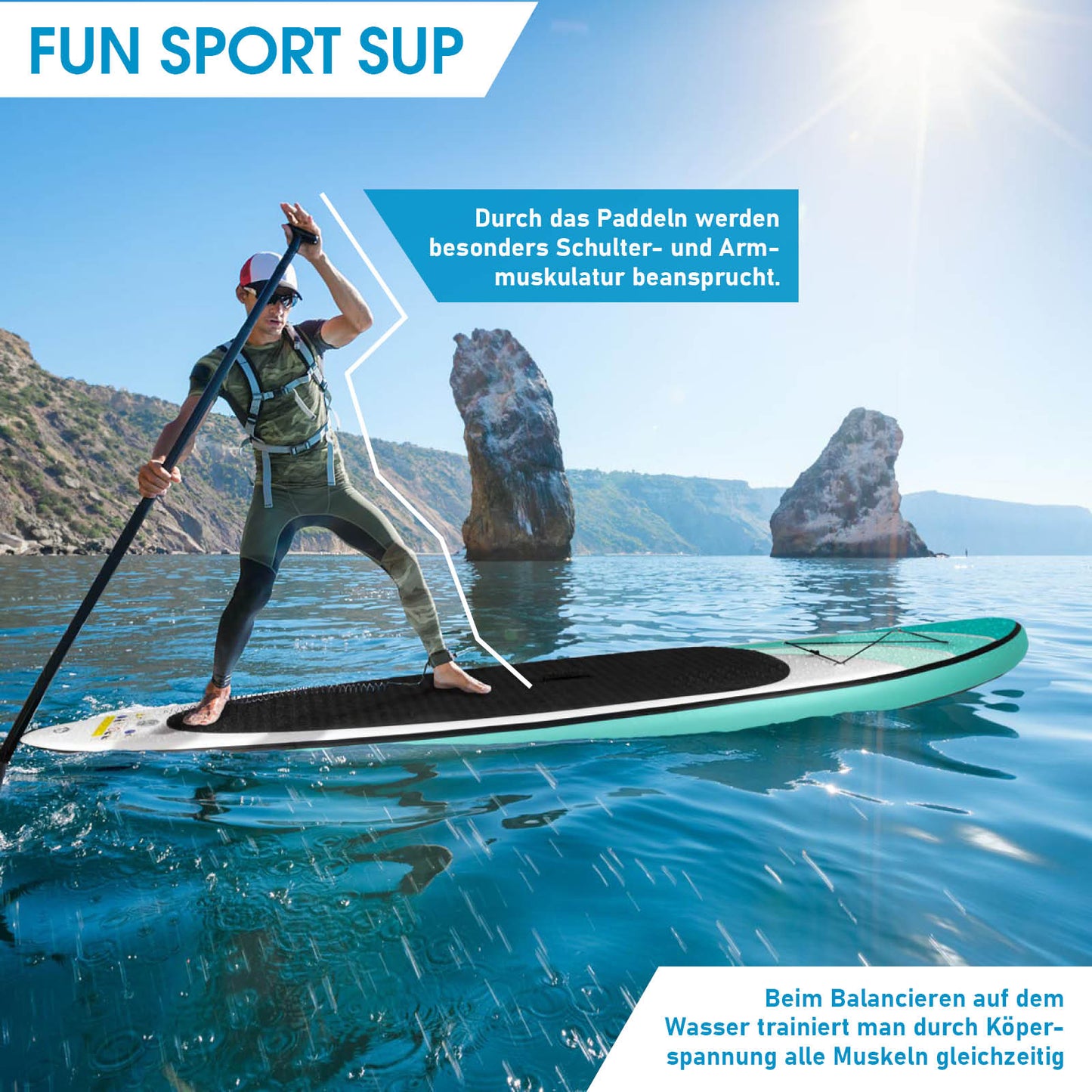 Grünes aufblasbares SUP Board mit Sitz, stehend mit SUP Paddel auf ruhigem Wasser, Stand Up Paddle Sport.