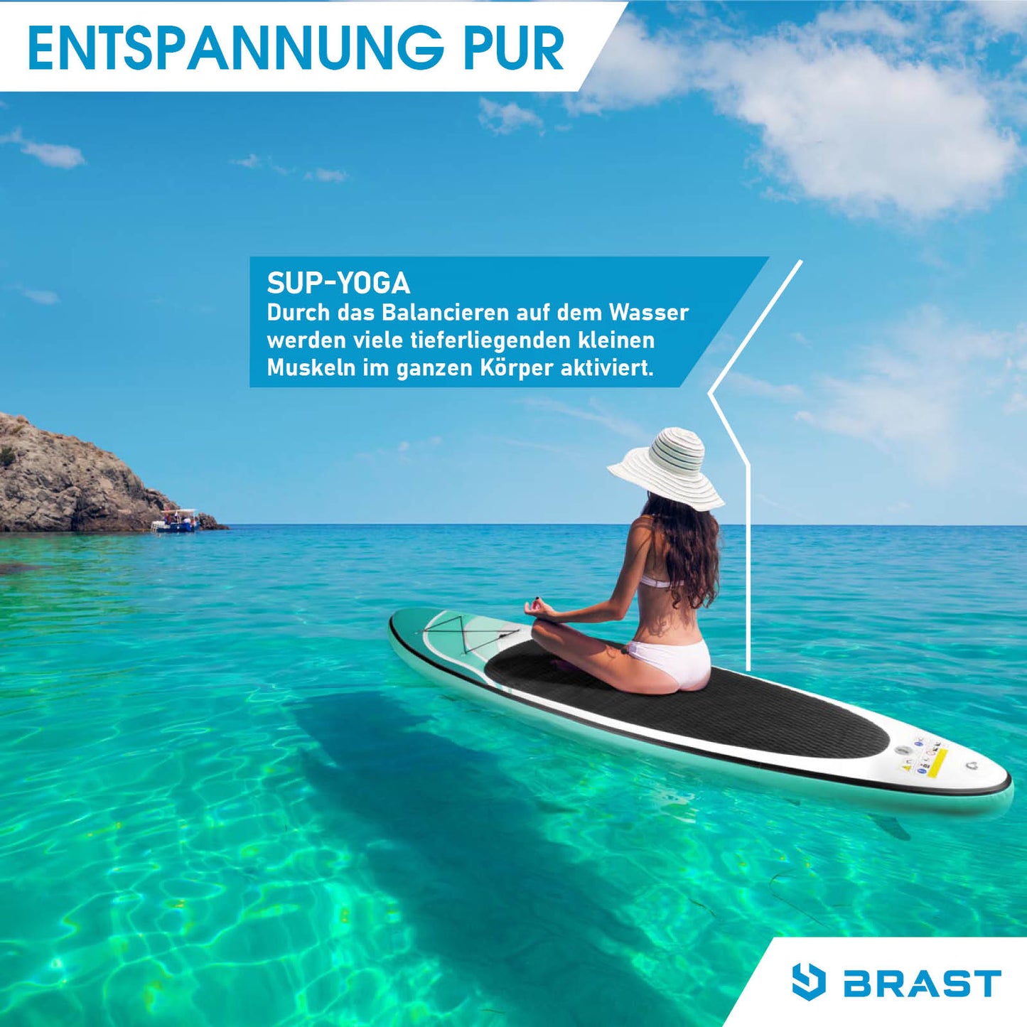 Aufblasbares SUP Board WAVE 320 mit Sitz, Frau meditiert auf klarem Wasser, Stand-up Paddle Board, Standuppaddle, sup paddel.