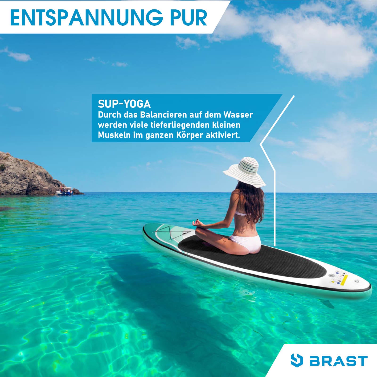 Aufblasbares SUP Board WAVE 320 mit Sitz, Frau meditiert auf klarem Wasser, Stand-up Paddle Board, Standuppaddle, sup paddel.