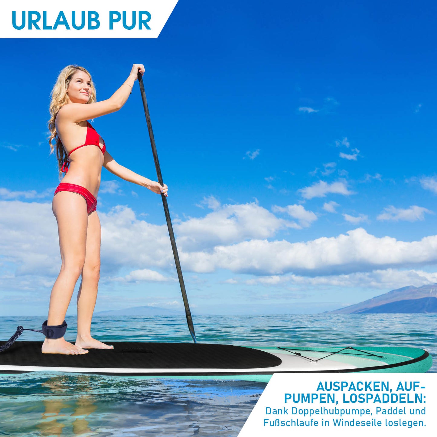Schwarzes aufblasbares SUP Board mit Sitz und SUP Paddel, Frau paddelt auf klarem Wasser, Standuppaddle aktiv.