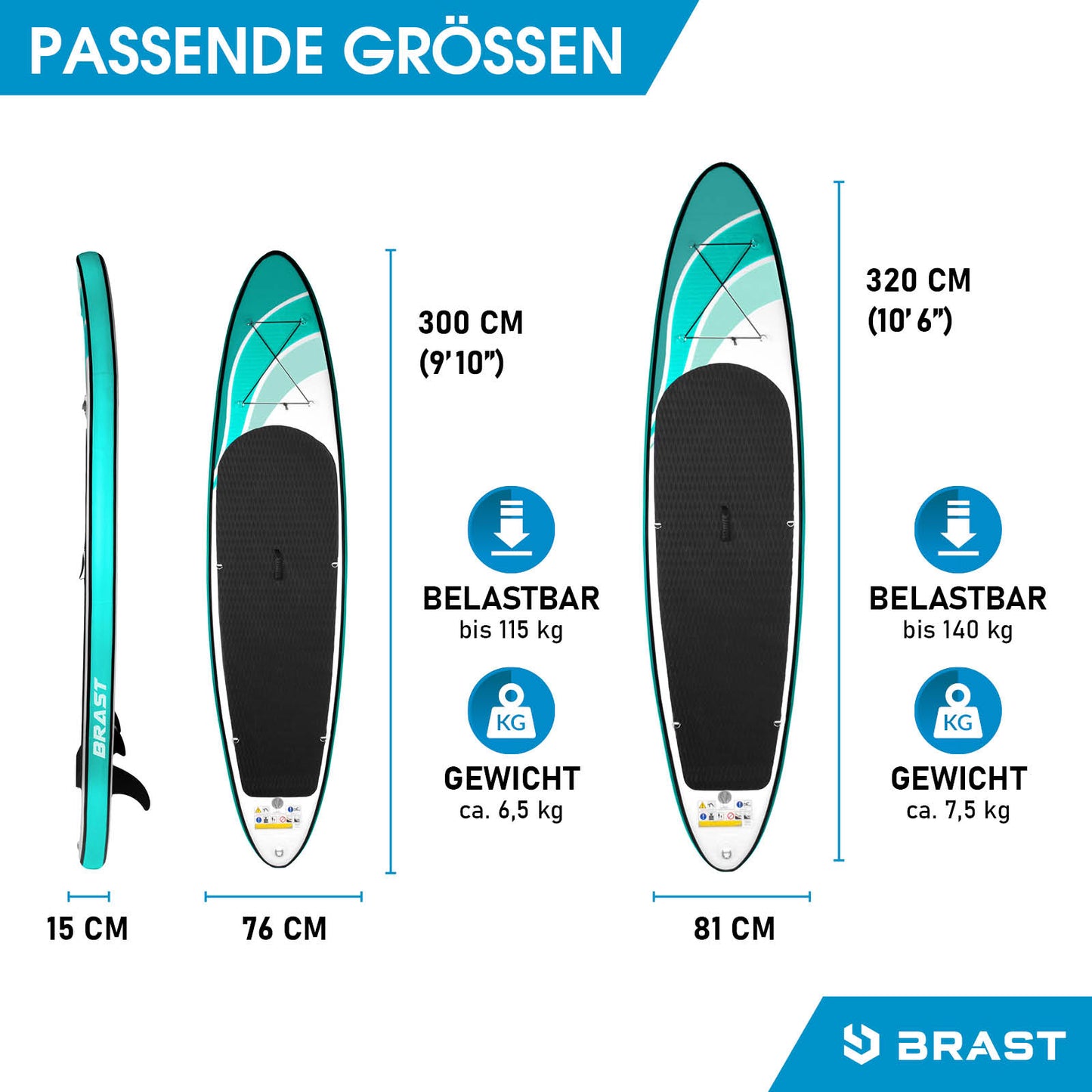 Aufblasbares SUP Board WAVE 320, 320 cm lang, 81 cm breit, inklusive Sitz, steifes Stand Up Paddle Zubehör.