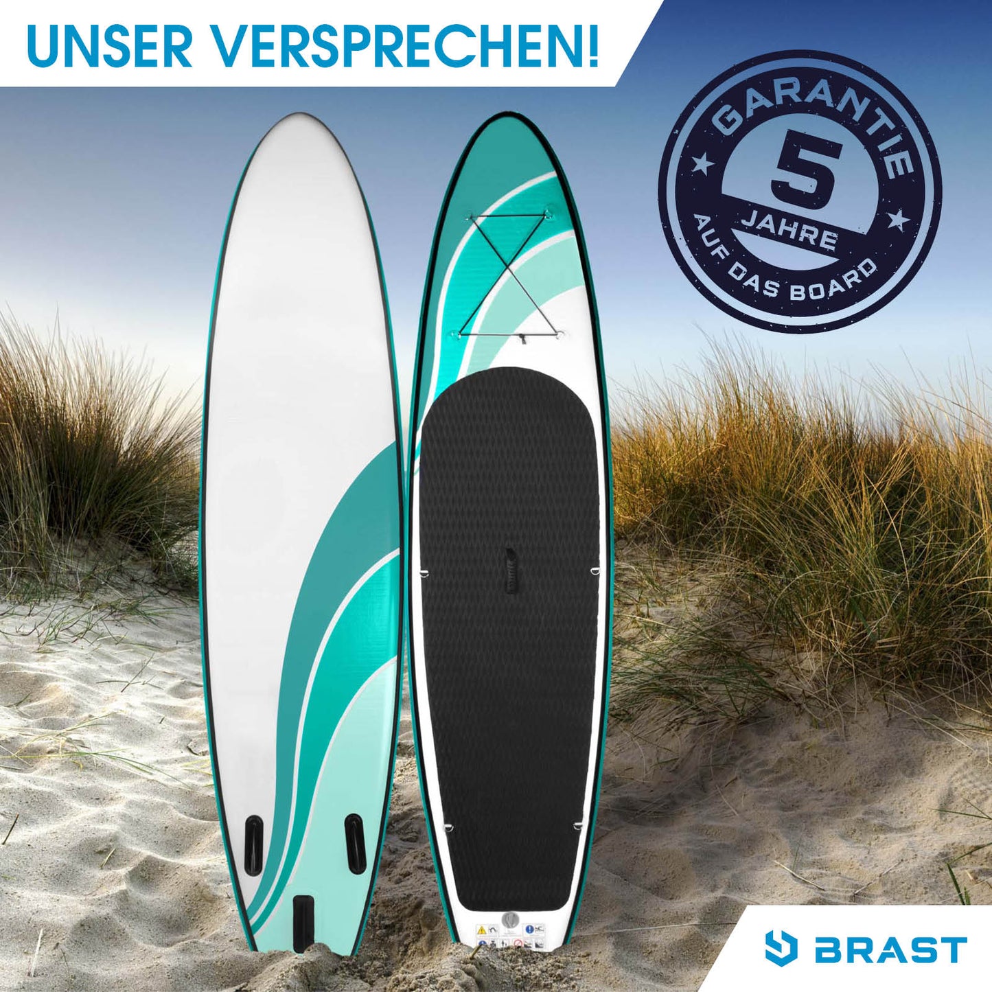 Aufblasbares SUP Board WAVE 320 in Weiß und Türkis mit schwarzem Standfläche, SUP Paddel nicht sichtbar.