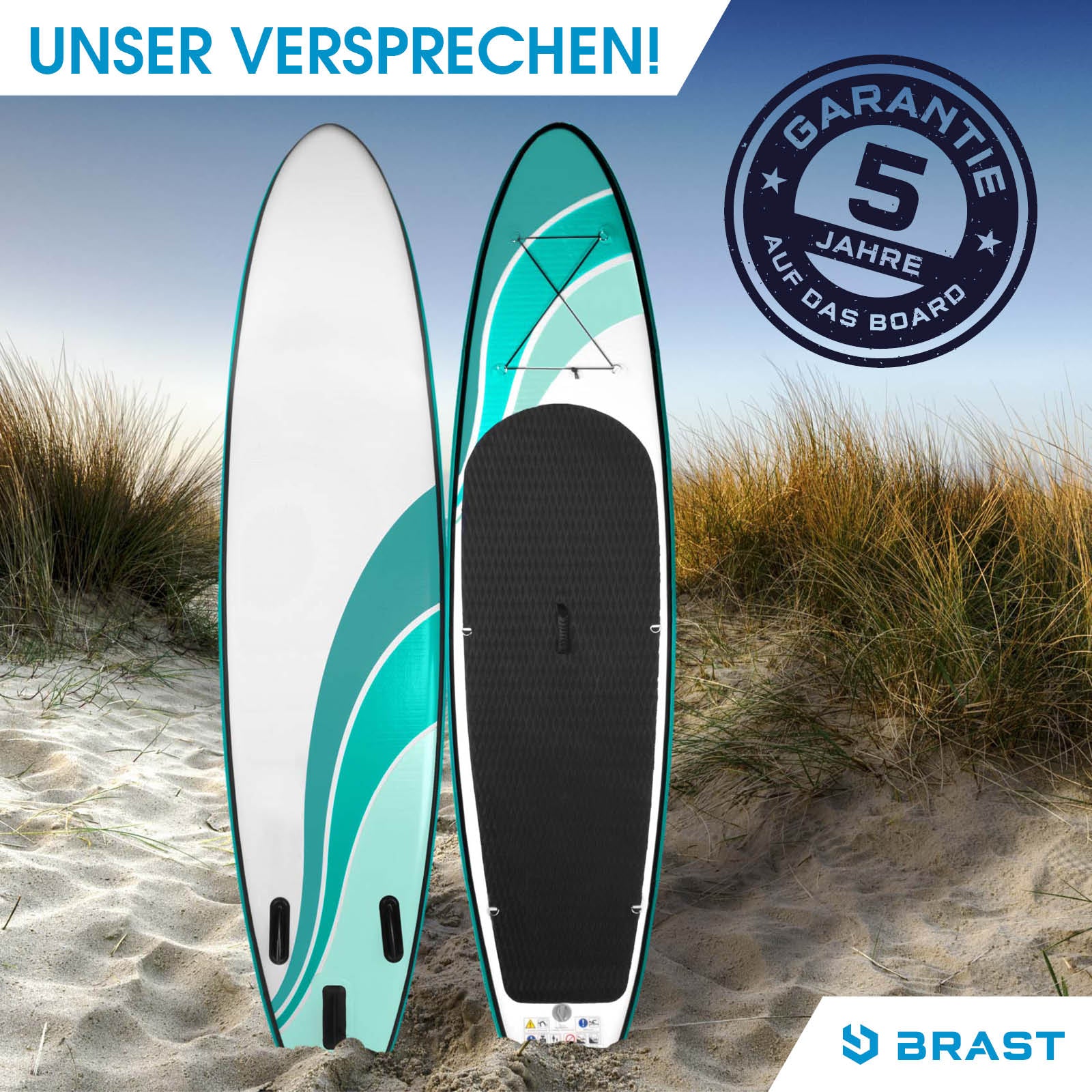 Aufblasbares SUP Board WAVE 320 in Weiß und Türkis mit schwarzem Standfläche, SUP Paddel nicht sichtbar.