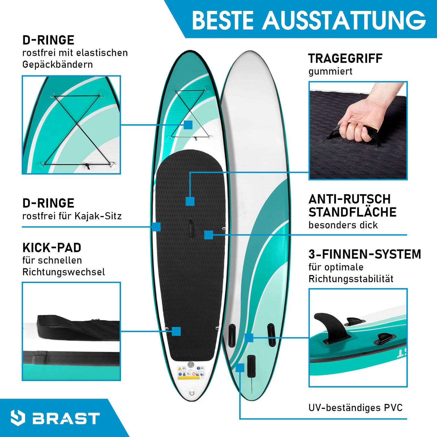 Aufblasbares SUP Board WAVE 320 mit rutschfester Standfläche, Tragegriff, D-Ringen und Kick-Pad für Standuppaddle-Spaß.