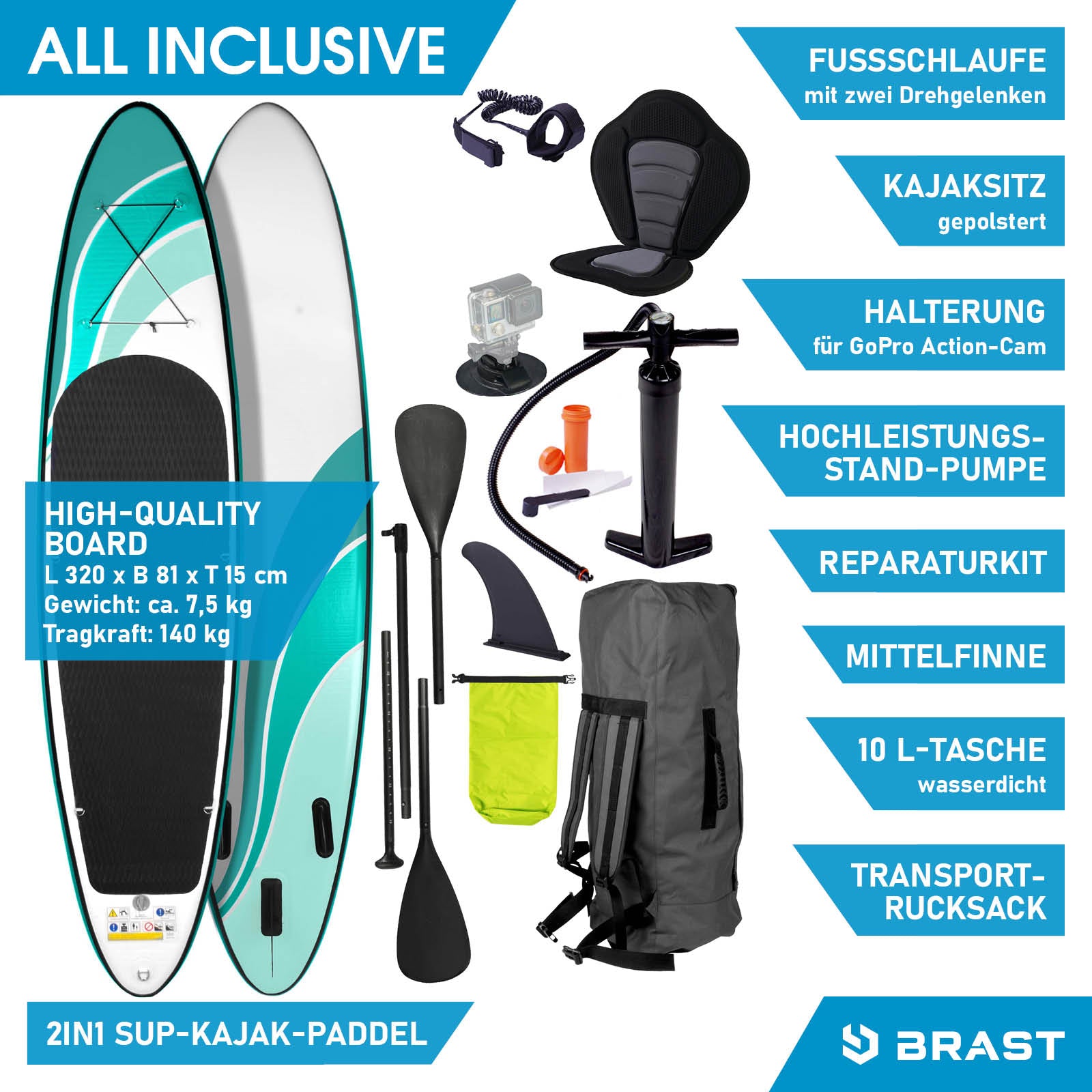 Aufblasbares SUP Board WAVE 320 in Türkis und Schwarz mit Kajaksitz, Paddel und Zubehör, inklusive Transportrucksack und.