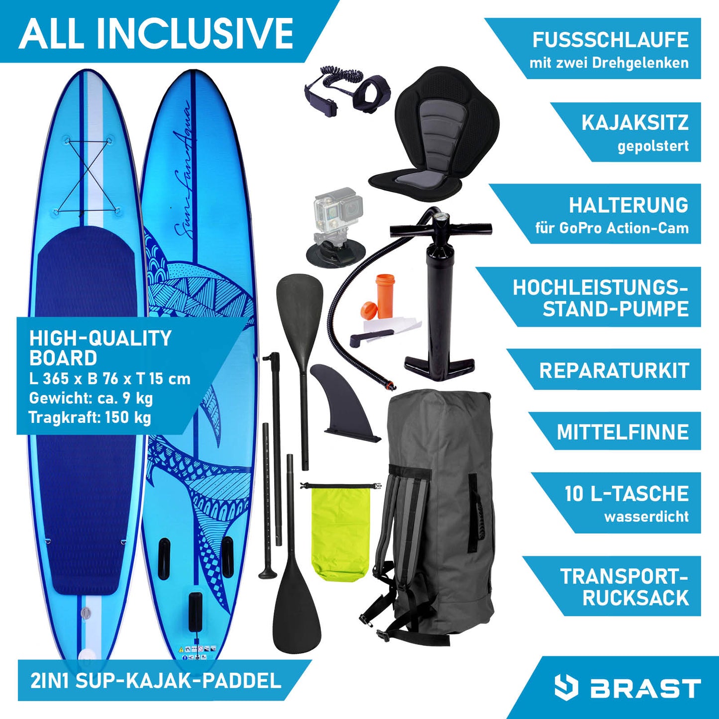 Aufblasbares SUP Board Set mit Sitz SHARK 365 blue