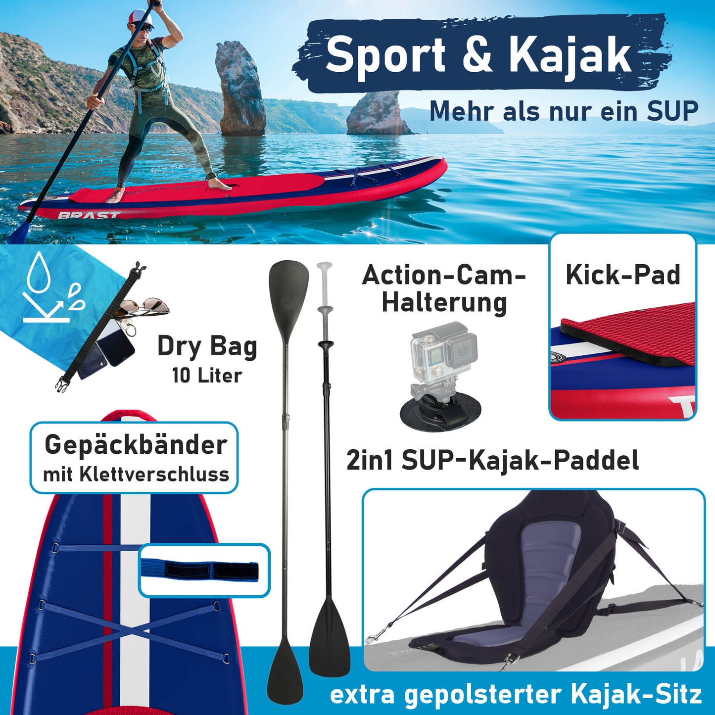 Aufblasbares SUP Board Set mit Sitz SHARK 320 blue/red