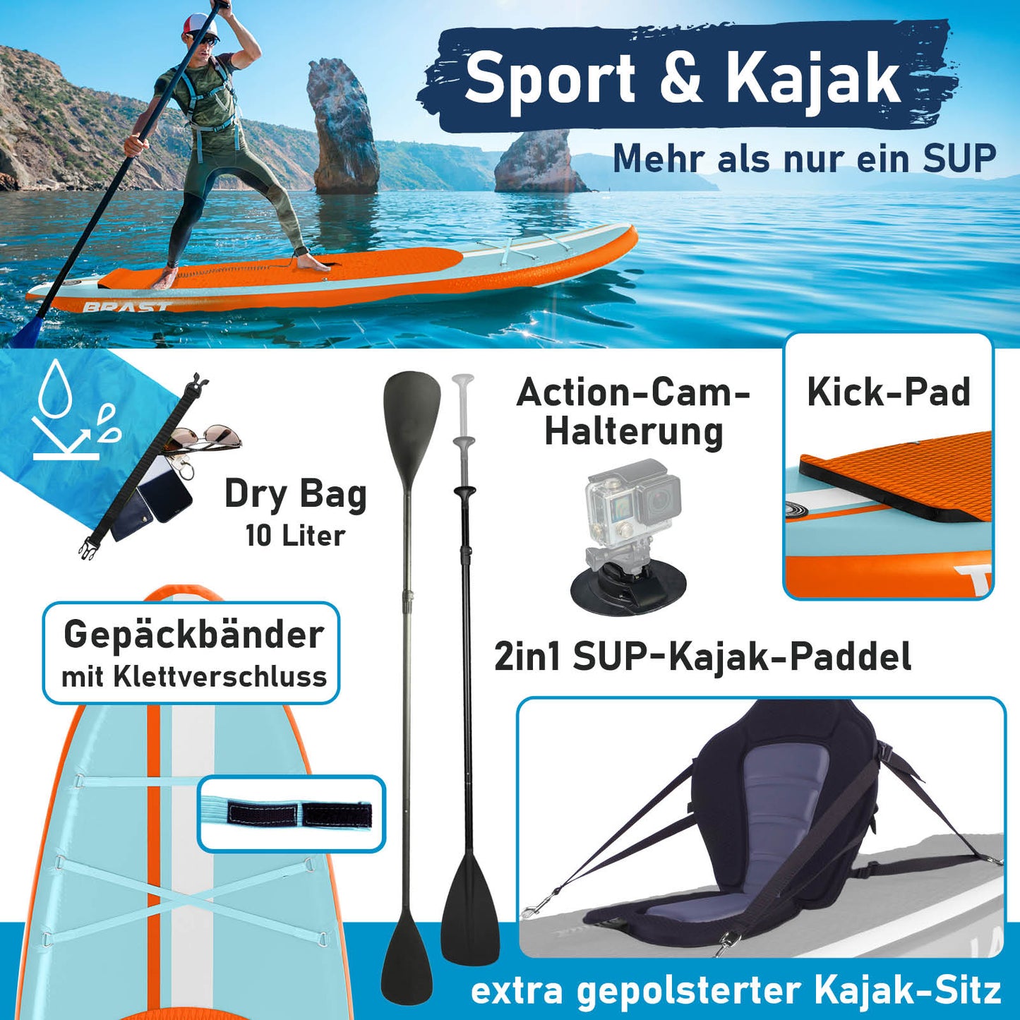 Aufblasbares SUP Board Set mit Sitz SHARK 320 light blue/orange