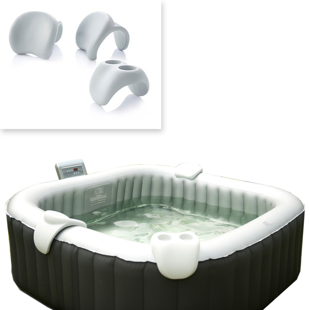 Aufblasbarer Whirlpool mit schwarzem Außenmantel, hellgrauem Innenfutter, zwei weißen Nackenkissen und integriertem.