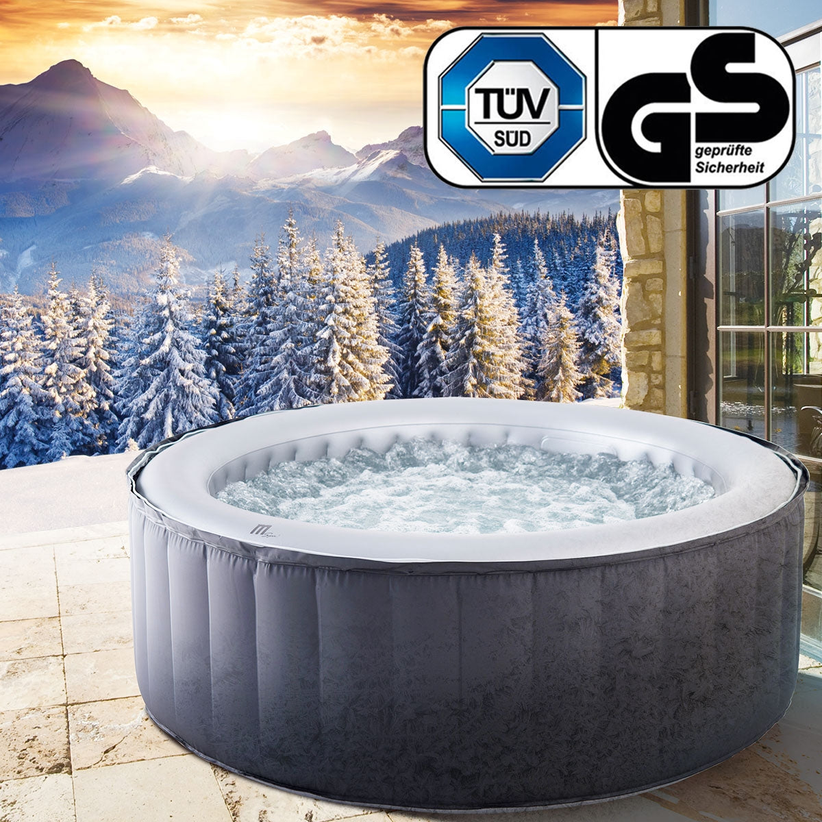 Aufblasbarer Whirlpool Outdoor mit grauer fester Außenwand, Garten Jacuzzi für 4 Personen.