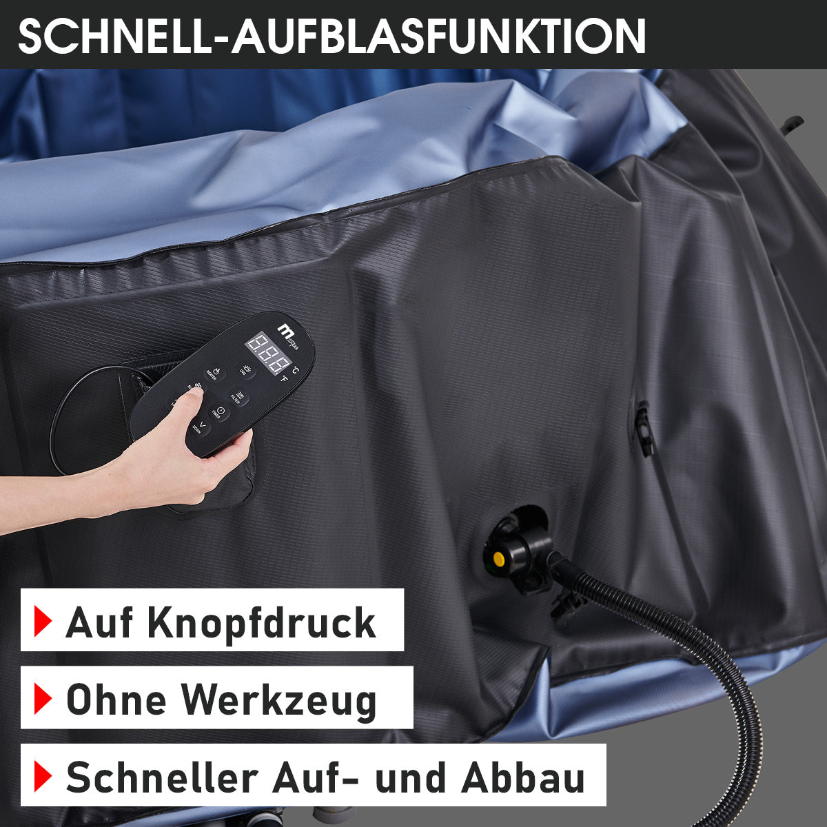 Hand hält Fernbedienung neben aufblasbarem, schwarzem Whirlpool mit schnellem Aufblasventil.
