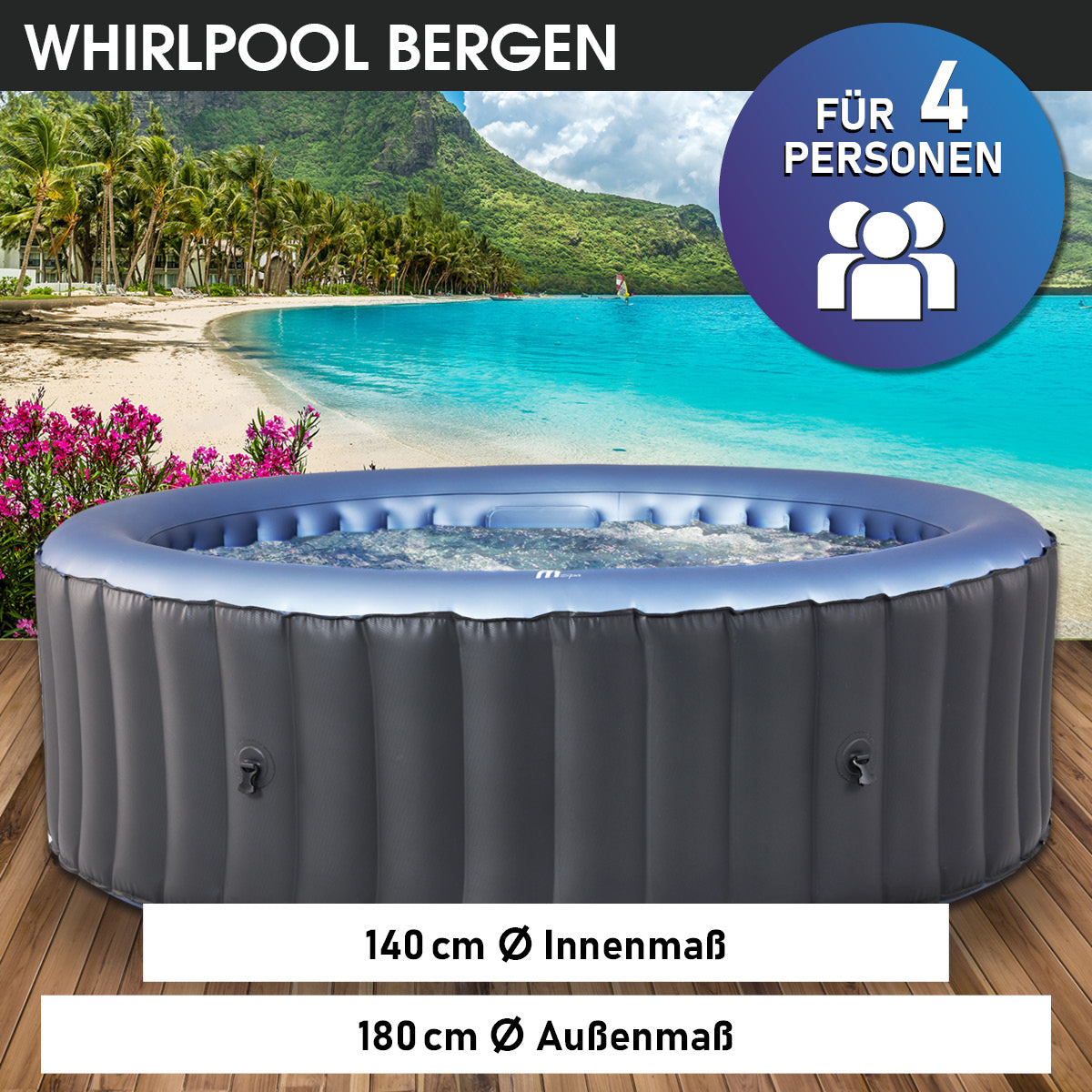 Runder grauer aufblasbarer Whirlpool mit Sprudelfunktion, 4 Personen, Holzterrasse und Naturkulisse.