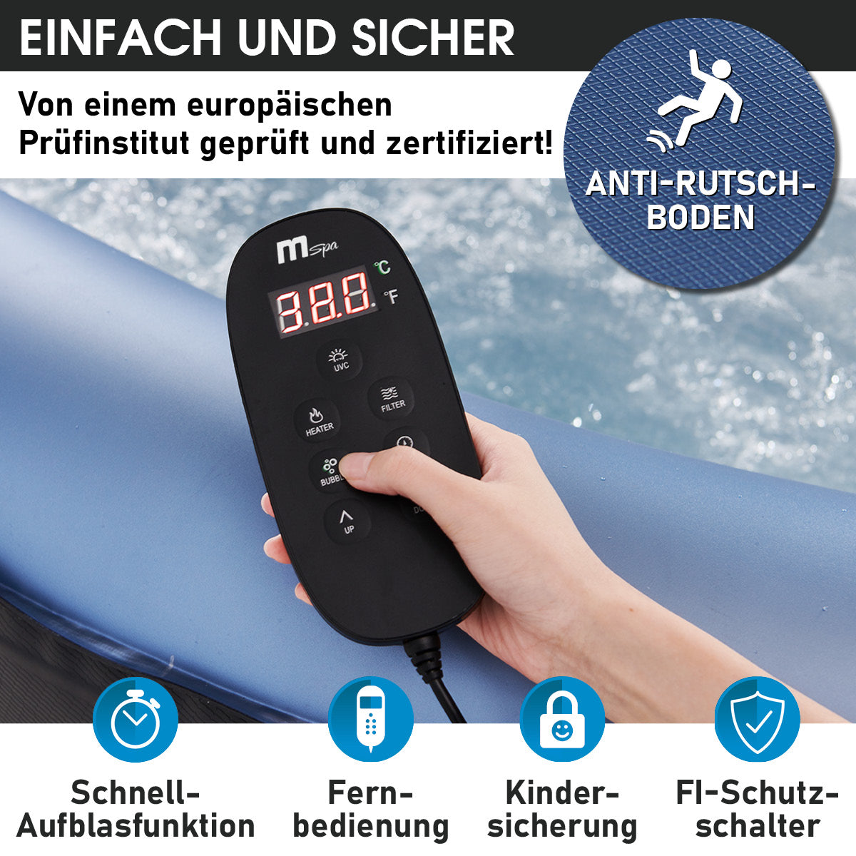 Hand hält schwarze Fernbedienung mit digitalem Display am blauen MSpa BERGEN COMFORT Whirlpoolrand.