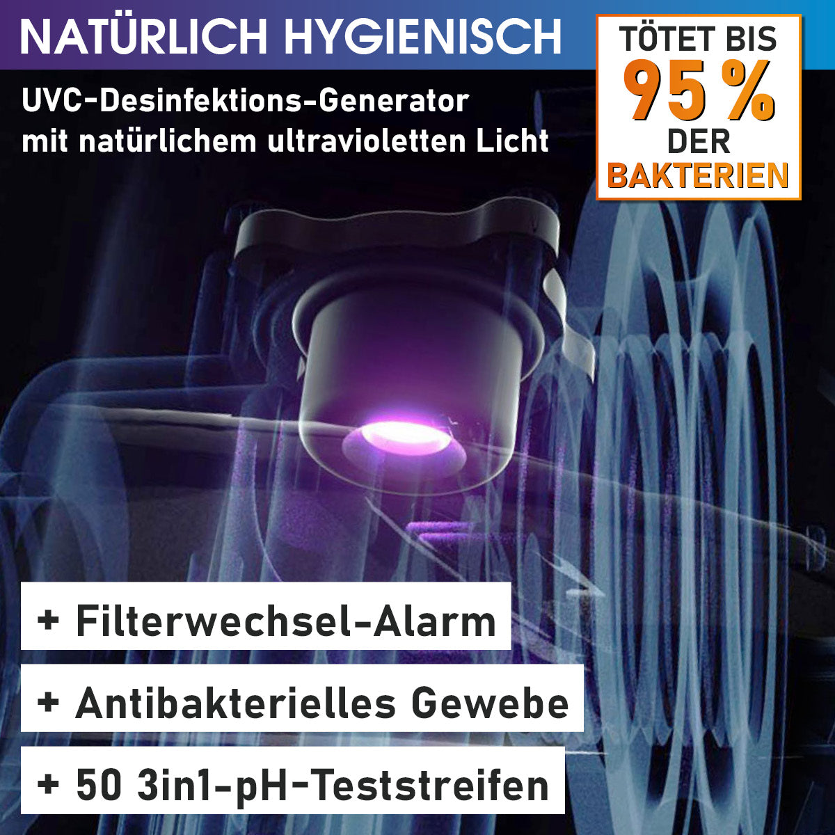 UVC-Desinfektionsgenerator mit blauem ultraviolettem Licht und Filterwechsel-Alarm-Hinweisen.