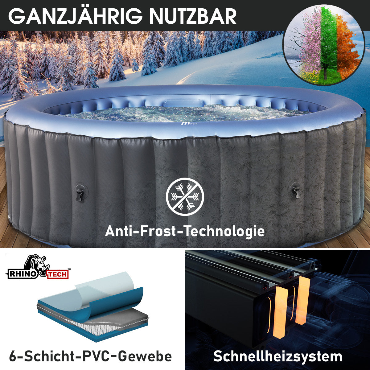 Runder aufblasbarer grauer Whirlpool für 4 Personen mit Anti-Frost-Technologie und Schnellheizsystem.