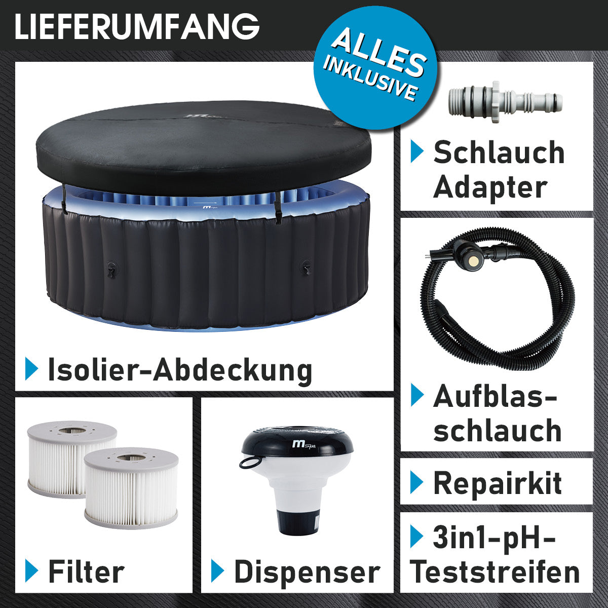 Aufblasbarer runder Whirlpool in Schwarz mit isolierender Abdeckhaube, Adapter, Filtersystem, Aufblas-Schlauch, Reparaturset .