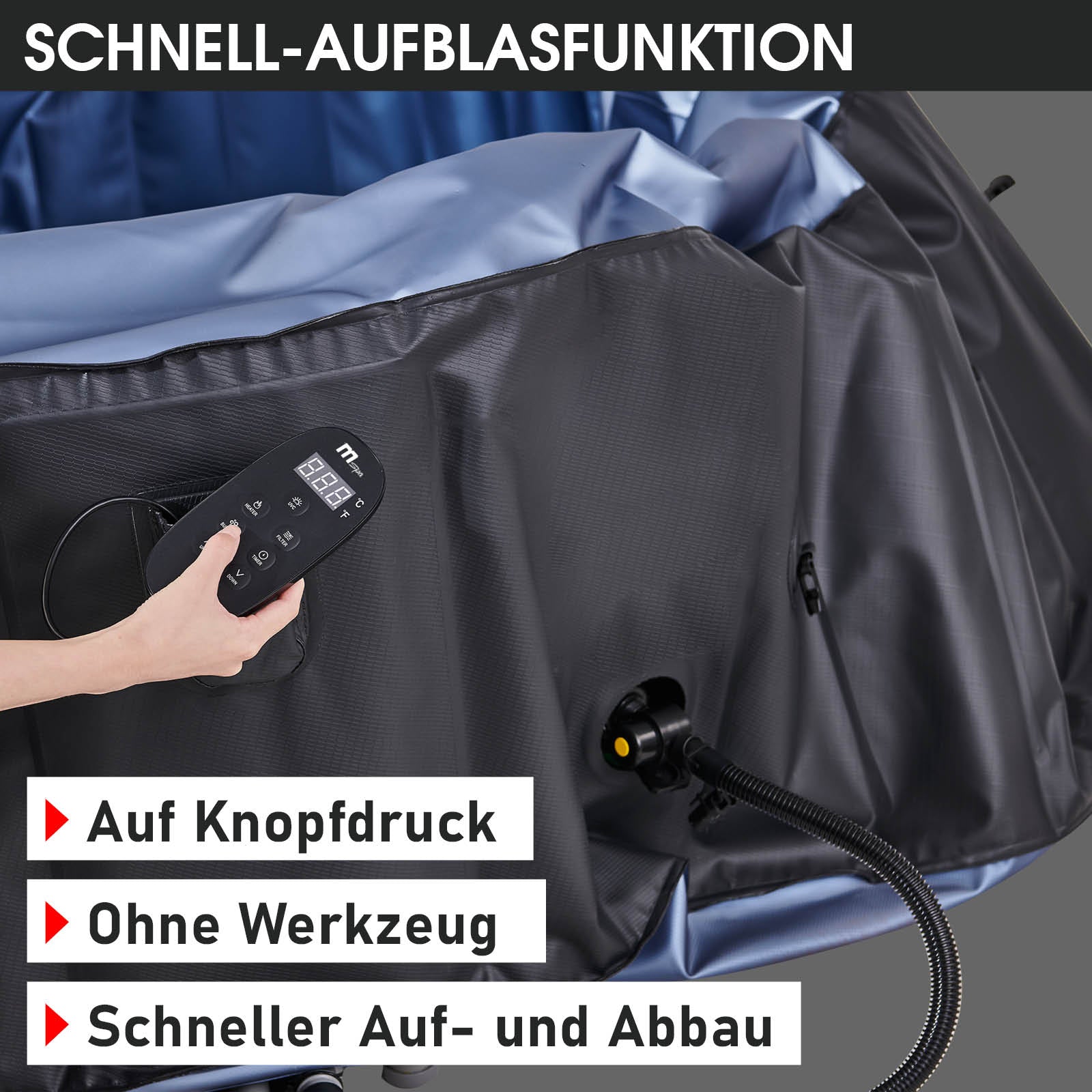 Bedienfeld für schneller Auf- und Abbau des aufblasbaren Whirlpools im Außenbereich.
