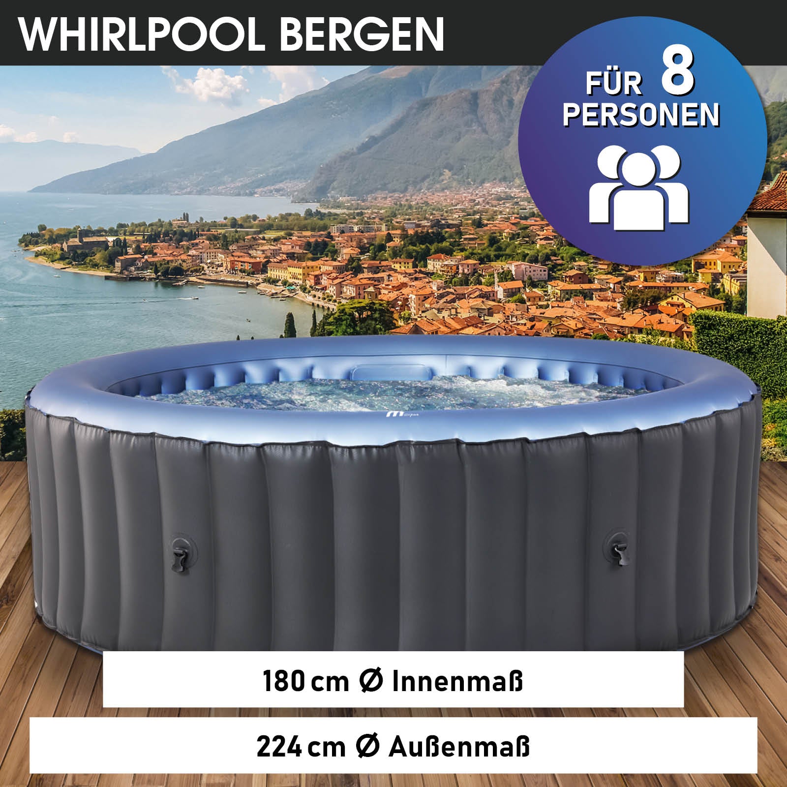 Aufblasbarer Whirlpool Outdoor für 8 Personen, runder Whirlpool Garten Jacuzzi, Aussenwhirlpool groß.