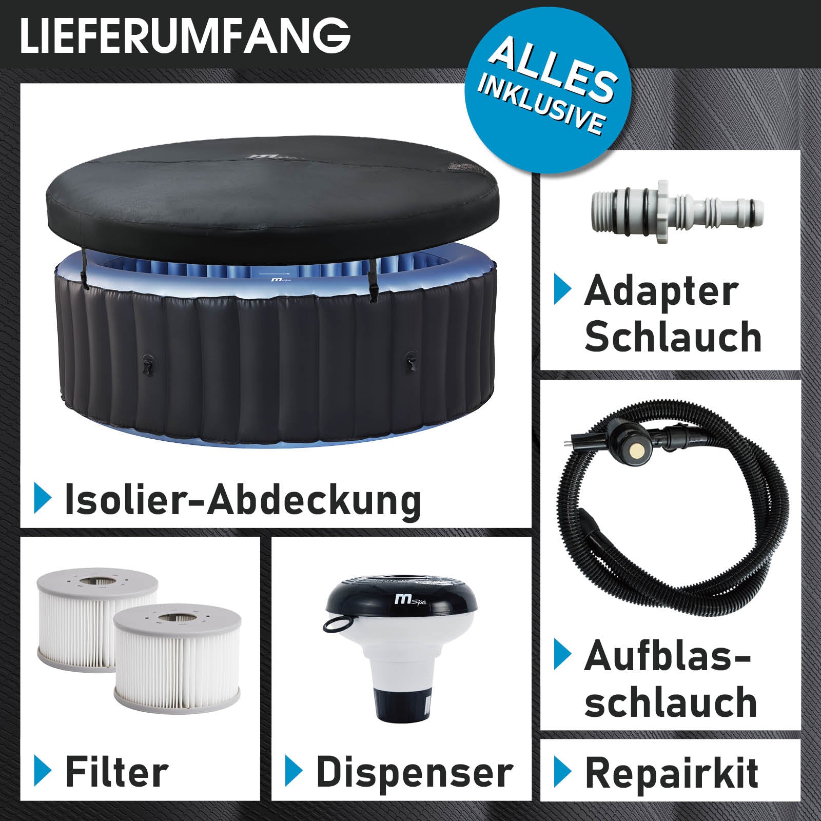 Aufblasbarer Whirlpool Outdoor mit Isolier-Abdeckung, Filter, Reparaturkit, Adapter und Dispenser, Garten Jacuzzi, XXL für 8 .