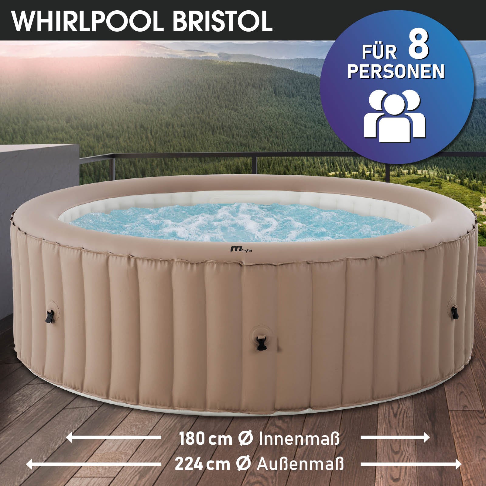 Runder aufblasbarer Whirlpool Outdoor in Beige für 8 Personen, Garten Jacuzzi, Außenwhirlpool.