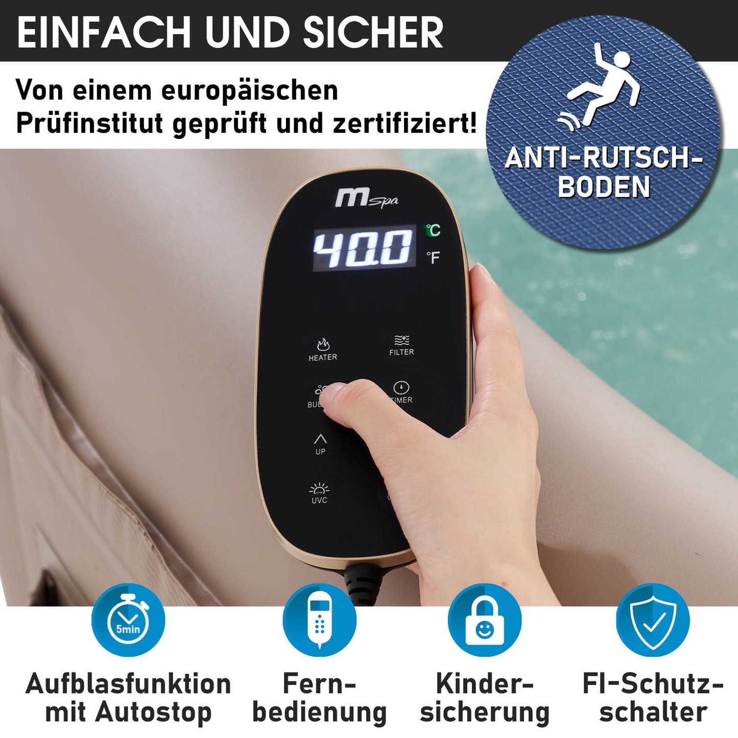 Digitales Bedienfeld für aufblasbaren Whirlpool Outdoor mit Temperaturanzeige und Sicherheitssperre.