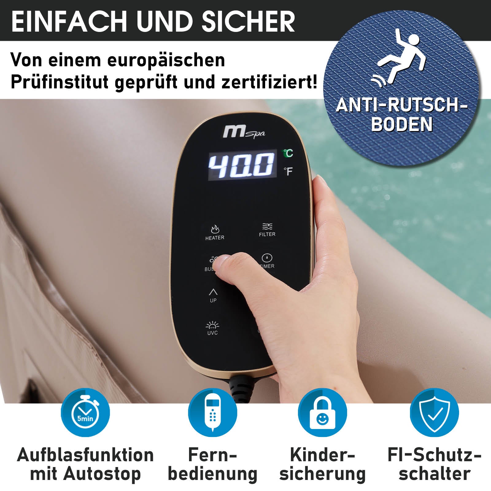 Digitales Bedienfeld für aufblasbaren Whirlpool Outdoor mit Temperaturanzeige und Sicherheitssperre.