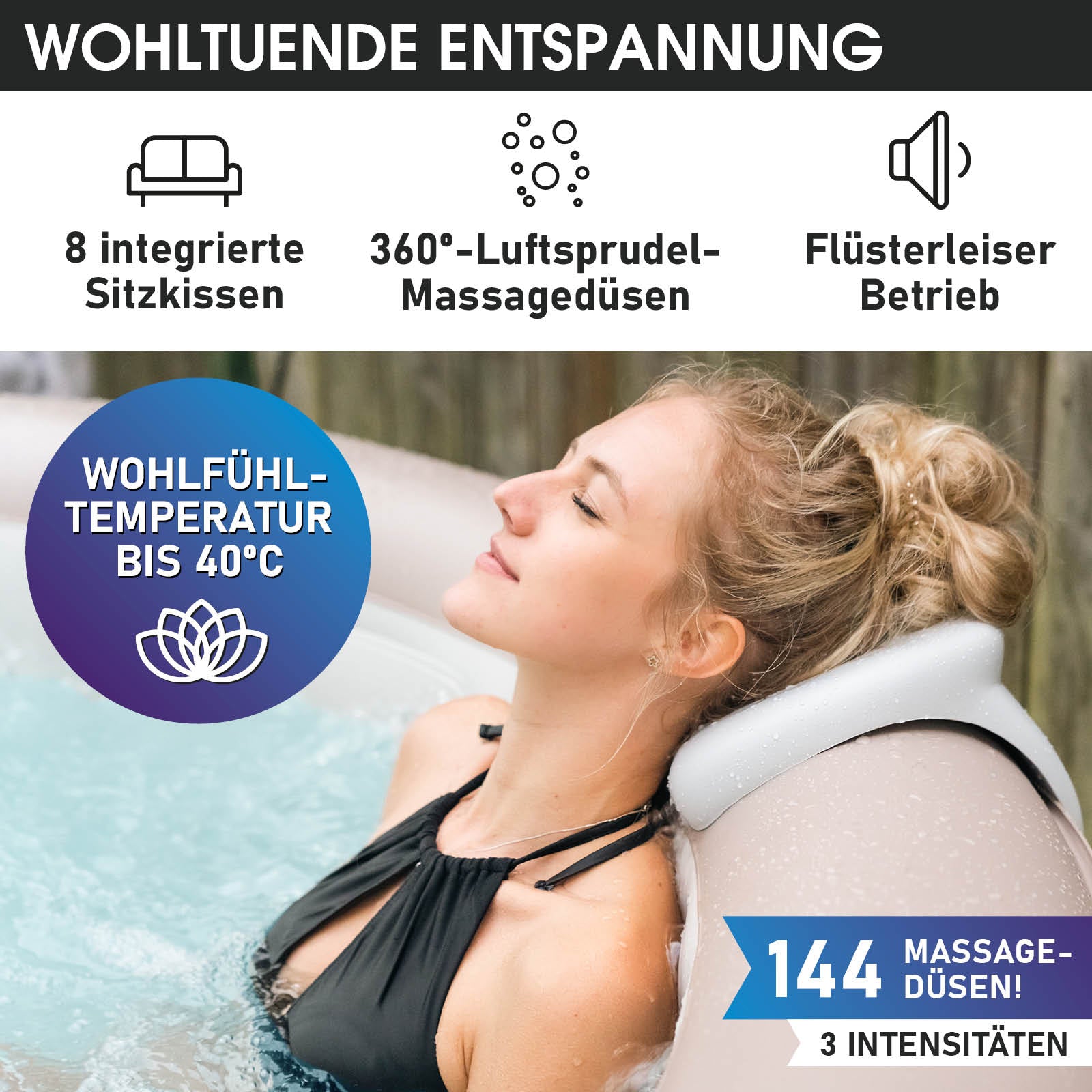 Aufblasbarer Whirlpool Outdoor mit 8 integrierten Sitzkissen und 360° Luftsprudel-Massagedüsen, Garten Jacuzzi mit.