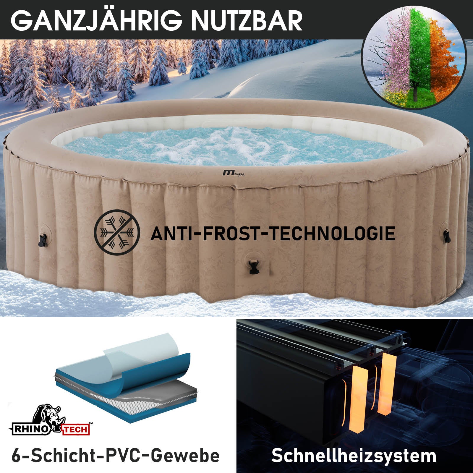 Aufblasbarer Whirlpool outdoor mit Anti-Frost-Technologie, beige Rund, 8 Personen, Garten Jacuzzi.