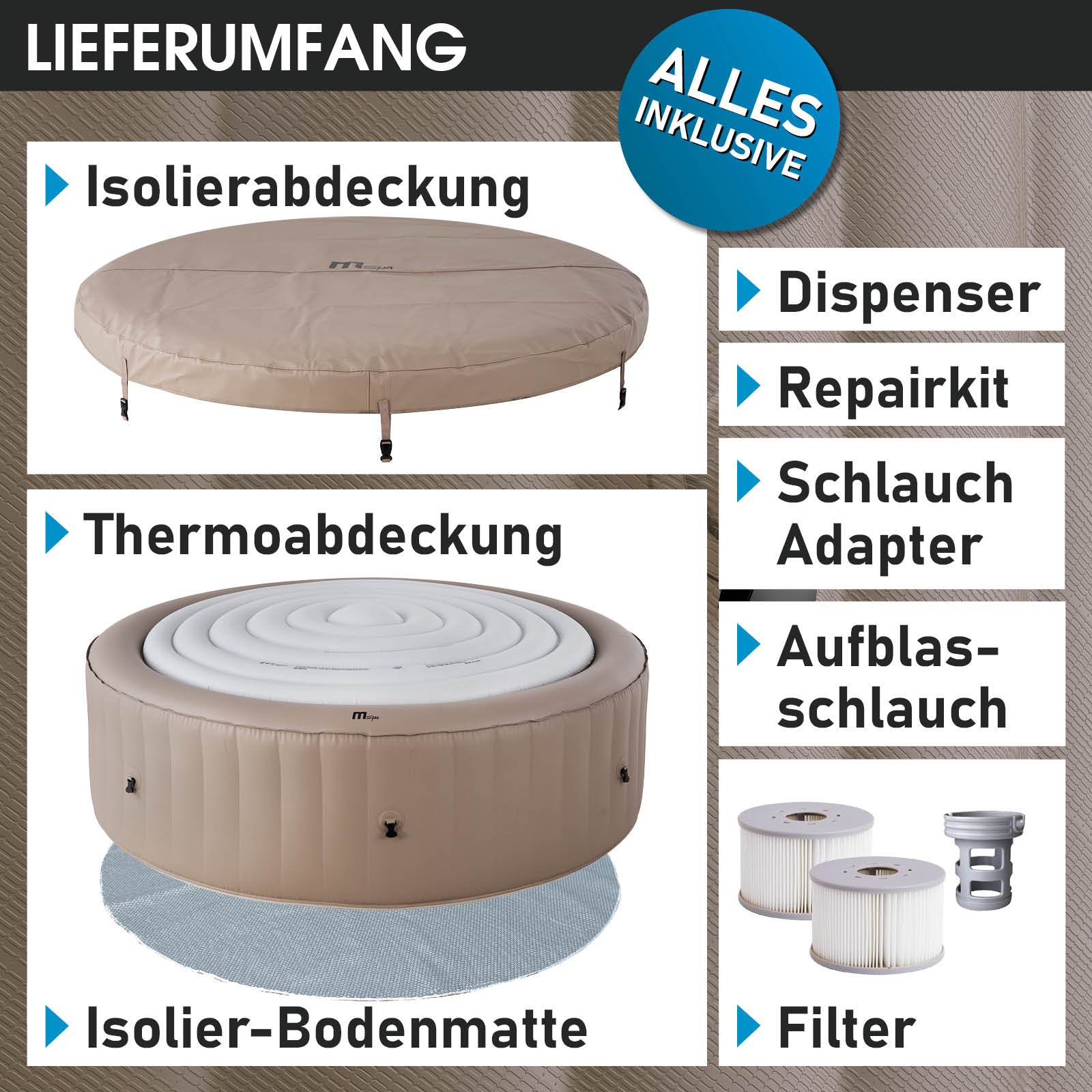 Aufblasbarer Whirlpool Outdoor in Beige mit Isolierabdeckung, Thermoabdeckung und Reparaturkit, Whirlpool Garten für 8.