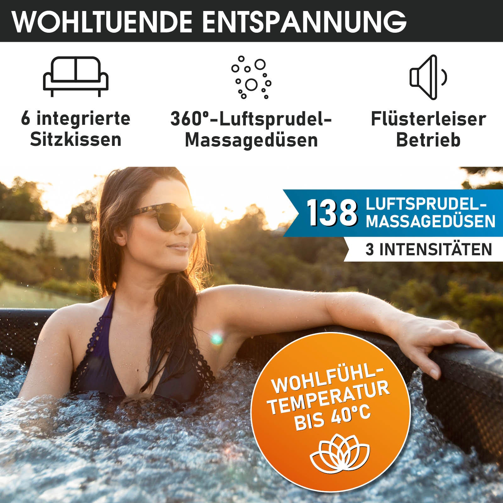 Aufblasbarer Whirlpool Outdoor in rundem Design mit 6 Sitzplätzen, Garten Jacuzzi, Aussenwhirlpool.