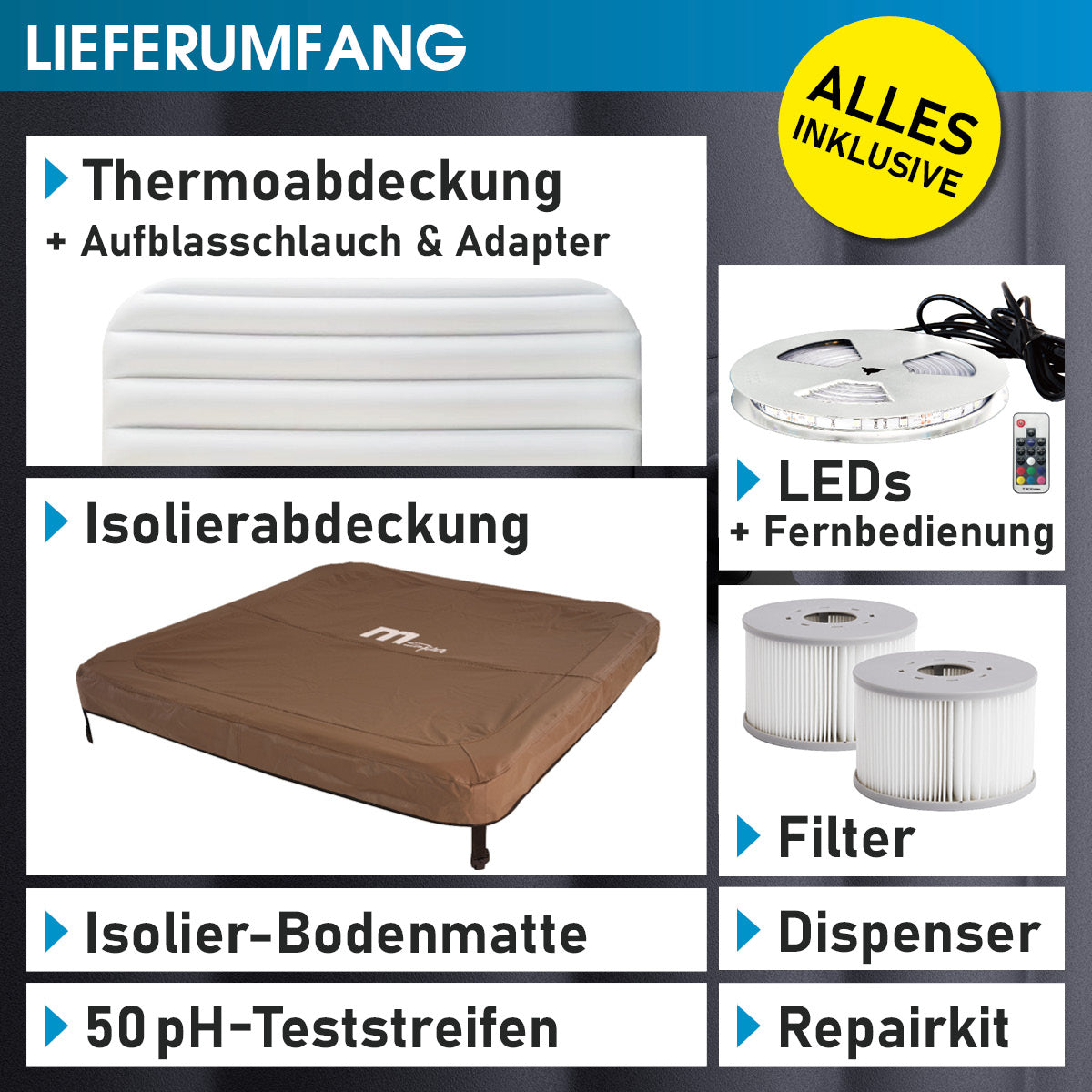 Lieferumfang mit Thermoabdeckung, Isolierabdeckung, Isolier-Bodenmatte, LEDs, Filter, Dispenser für Whirlpool Outdoor,.